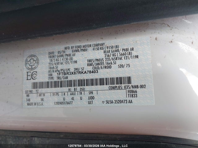Продаж на аукціоні авто 2024 Ford Transit T-250, vin: 1FTBR3X87RKA78403, номер лоту: 12579784