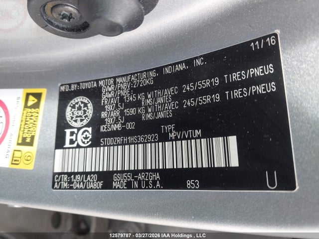 12579787 :رقم المزاد ، 5TDDZRFH1HS362923 vin ، 2017 Toyota Highlander Limited/ltd Platinum مزاد بيع