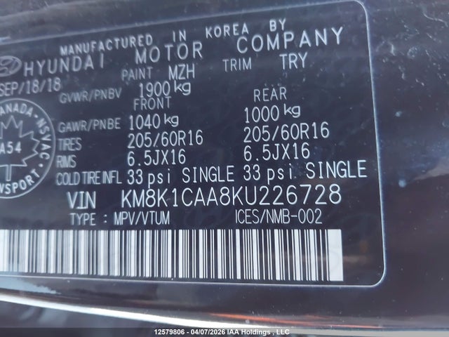 KM8K1CAA8KU226728 Hyundai Kona 2.0l Essential