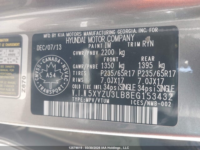 2014 Hyundai Santa Fe მანქანა იყიდება აუქციონზე, vin: 5XYZU3LB8EG153432, აუქციონის ნომერი: 12579819