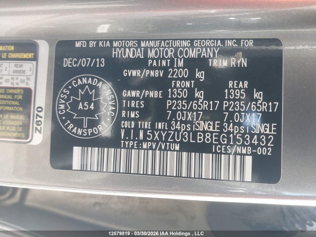 2014 Hyundai Santa Fe მანქანა იყიდება აუქციონზე, vin: 5XYZU3LB8EG153432, აუქციონის ნომერი: 12579819