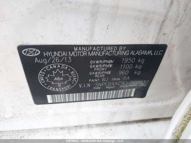 12579833 :رقم المزاد ، 5NPEB4AC9DH802037 vin ، 2013 Hyundai Sonata Gl مزاد بيع