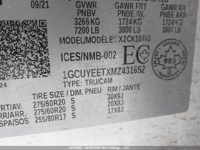 Aukcja sprzedaży 2021 Chevrolet Silverado 1500, vin: 1GCUYEETXMZ431652, numer aukcji: 12579852
