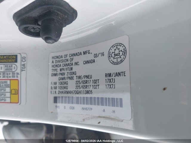 Aukcja sprzedaży 2016 Honda Cr-v Exl, vin: 2HKRM4H70GH113805, numer aukcji: 12579854