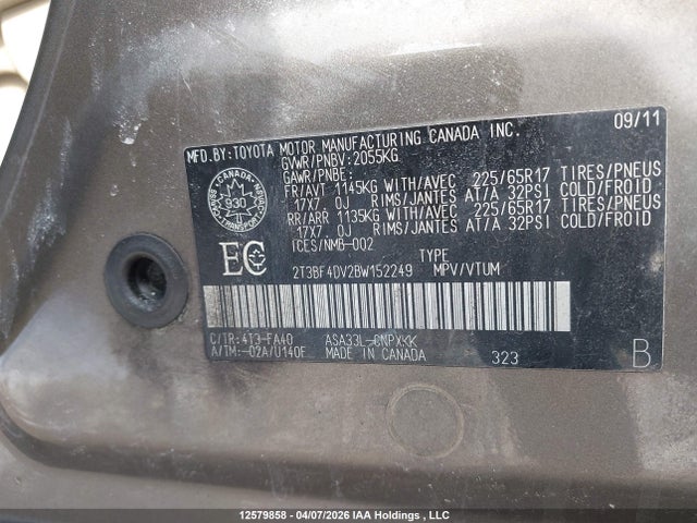2011 Toyota Rav4 მანქანა იყიდება აუქციონზე, vin: 2T3BF4DV2BW152249, აუქციონის ნომერი: 12579858