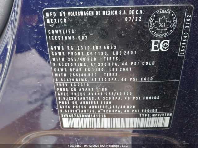 3VV4B7AX0NM141916 Volkswagen Tiguan