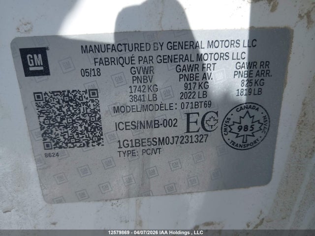 12579869 :رقم المزاد ، 1G1BE5SM0J7231327 vin ، 2018 Chevrolet Cruze Lt مزاد بيع