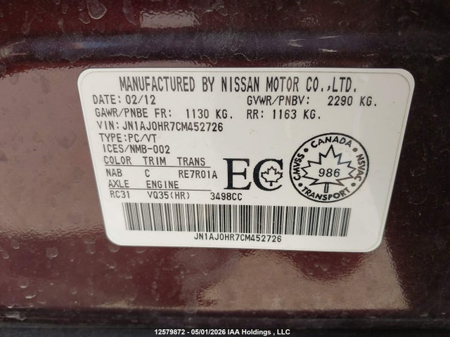 Продаж на аукціоні авто 2012 Infiniti Ex35 Journey, vin: JN1AJ0HR7CM452726, номер лоту: 12579872