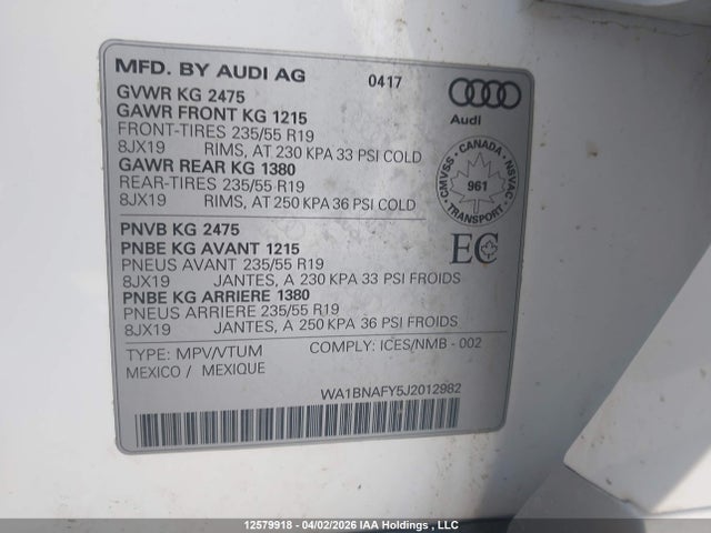 2018 Audi Q5 მანქანა იყიდება აუქციონზე, vin: WA1BNAFY5J2012982, აუქციონის ნომერი: 12579918