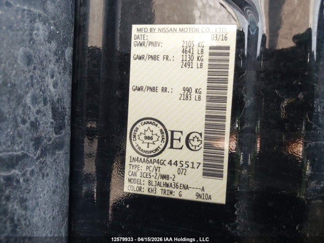 12579933 :رقم المزاد ، 1N4AA6AP4GC445517 vin ، 2016 Nissan Maxima 3.5s/sv/sl/sr/plat مزاد بيع