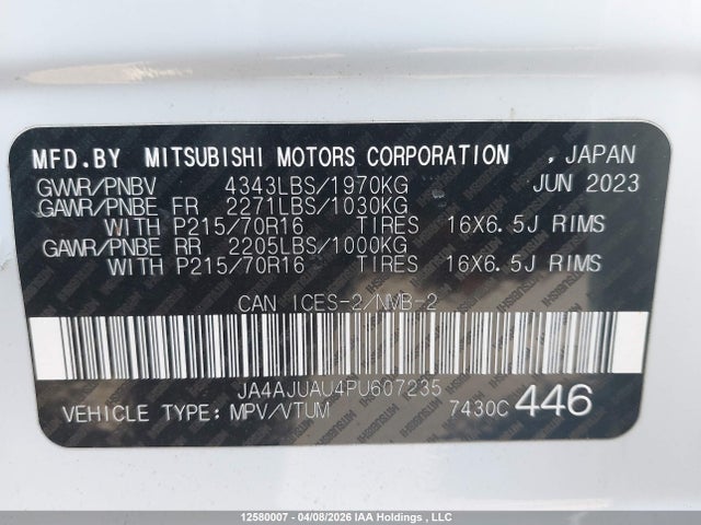 2023 Mitsubishi Rvr Es მანქანა იყიდება აუქციონზე, vin: JA4AJUAU4PU607235, აუქციონის ნომერი: 12580007
