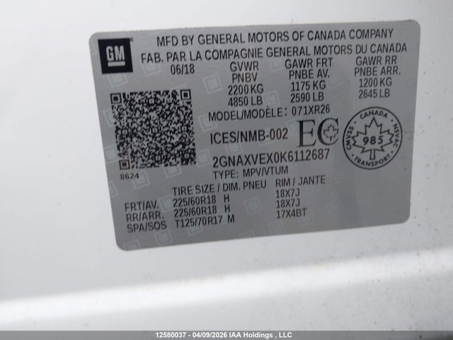 Продажа на аукционе авто 2019 Chevrolet Equinox Lt, vin: 2GNAXVEX0K6112687, номер лота: 12580037
