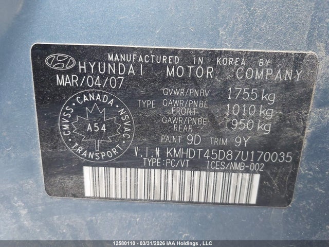 Продажа на аукционе авто 2007 Hyundai Elantra Gl, vin: KMHDT45D87U170035, номер лота: 12580110