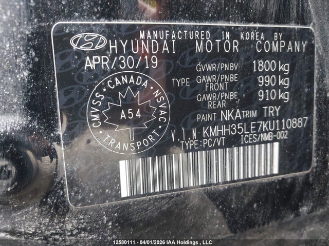 12580111 :رقم المزاد ، KMHH35LE7KU110887 vin ، 2019 Hyundai Elantra Gt Preferred مزاد بيع