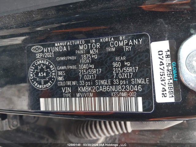 Продаж на аукціоні авто 2022 Hyundai Kona Sel/se, vin: KM8K2CAB6NU823046, номер лоту: 12580148