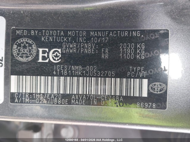 4T1B11HK1JU532705 Toyota CAMRY SE