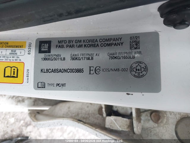 Aukcja sprzedaży 2022 Chevrolet Spark Ls, vin: KL8CA6SA0NC003885, numer aukcji: 12580169