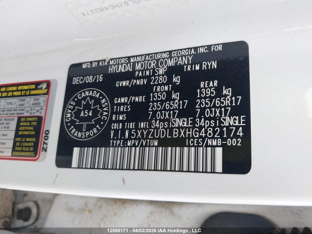 5XYZUDLBXHG482174 Hyundai Santa Fe Sport 2.4 Se