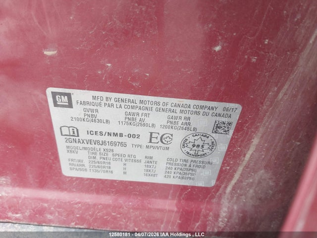 12580181 :رقم المزاد ، 2GNAXVEV8J6169765 vin ، 2018 Chevrolet Equinox Premier مزاد بيع