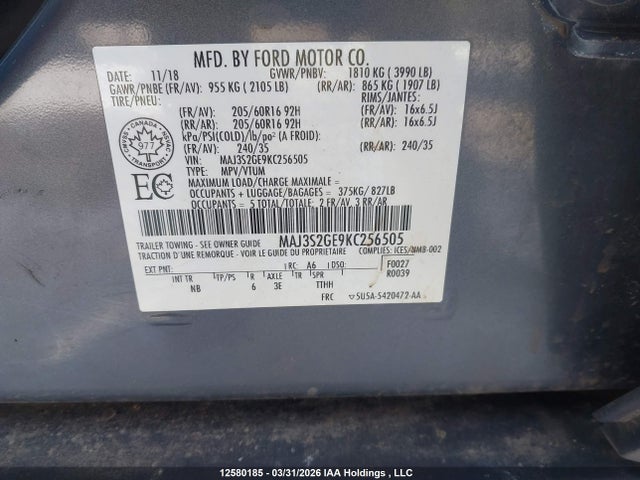 MAJ3S2GE9KC256505 Ford Ecosport Se