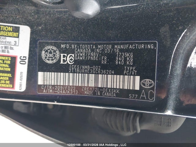 2T1BURHE3GC636204 Toyota Corolla L/le/le Pls/prm/s/s Pls