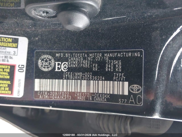 2T1BURHE3GC636204 Toyota Corolla L/le/le Pls/prm/s/s Pls