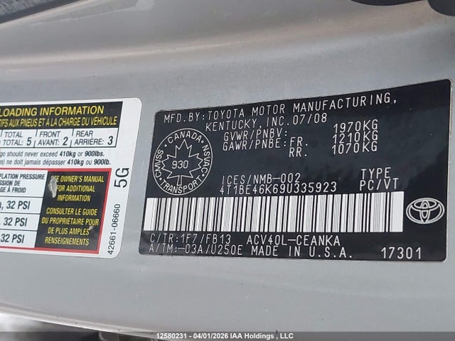 2009 Toyota Camry მანქანა იყიდება აუქციონზე, vin: 4T1BE46K69U335923, აუქციონის ნომერი: 12580231