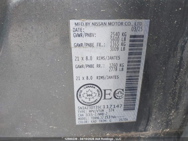 Aukcja sprzedaży 2025 Nissan Murano Platinum, vin: 5N1AZ3DT3SC117147, numer aukcji: 12580239