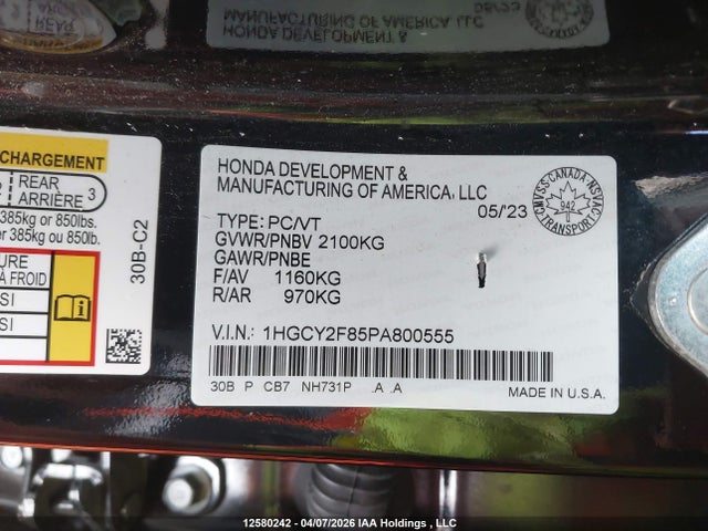 2023 Honda Accord Hybrid Touring მანქანა იყიდება აუქციონზე, vin: 1HGCY2F85PA800555, აუქციონის ნომერი: 12580242