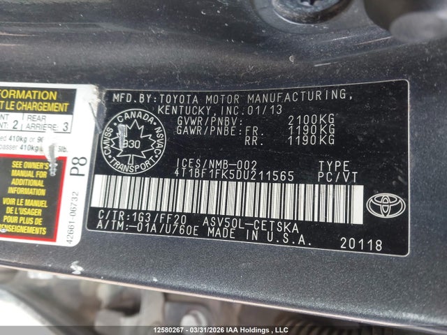 12580267 :رقم المزاد ، 4T1BF1FK5DU211565 vin ، 2013 Toyota Camry Se مزاد بيع