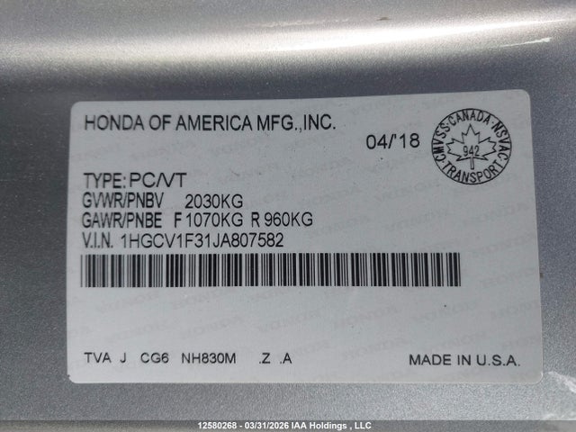 1HGCV1F31JA807582 Honda Accord