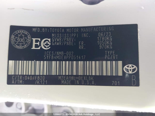 2023 Toyota Corolla Le მანქანა იყიდება აუქციონზე, vin: 5YFB4MDE8PP051417, აუქციონის ნომერი: 12580271