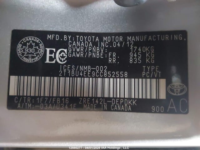 12580277 :رقم المزاد ، 2T1BU4EE9CC852558 vin ، 2012 Toyota Corolla S/le مزاد بيع