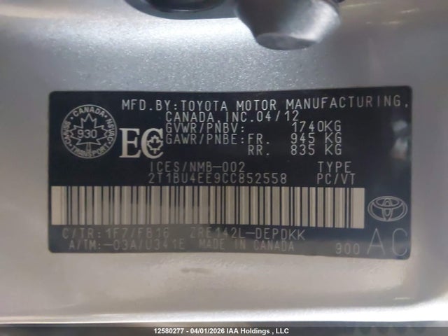 12580277 :رقم المزاد ، 2T1BU4EE9CC852558 vin ، 2012 Toyota Corolla S/le مزاد بيع