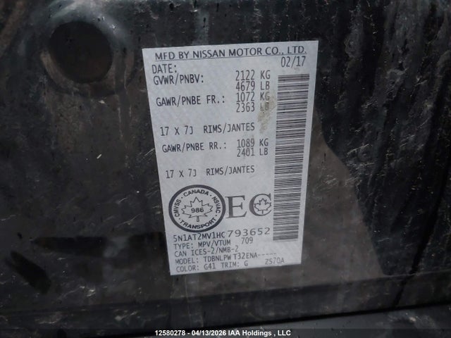 5N1AT2MV1HC793652 Nissan Rogue S/sl Platinum/sv
