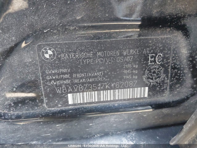 12580280 :رقم المزاد ، WBAVB73517KY62087 vin ، 2007 Bmw 335i مزاد بيع