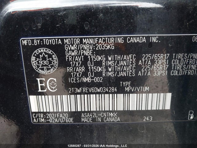 2013 Toyota Rav4 Xle მანქანა იყიდება აუქციონზე, vin: 2T3WFREV6DW034284, აუქციონის ნომერი: 12580287
