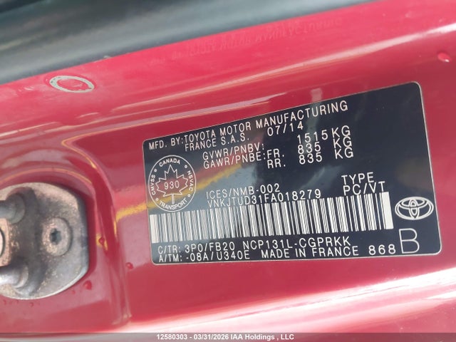 VNKJTUD31FA018279 Toyota Yaris Ce