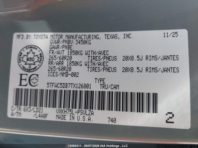 Продажа на аукционе авто 2026 Toyota Tundra Crewmax Limited/crewmax Platinum/crewmax 1794/crewmax Trd Pro, vin: 5TFWC5DB7TX126801, номер лота: 12580311