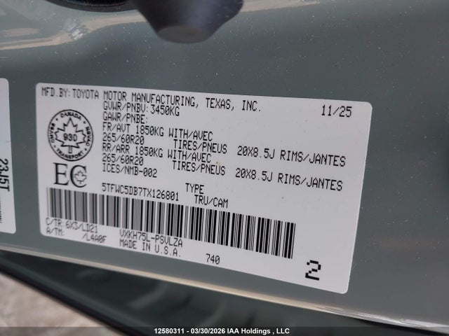 Продажа на аукционе авто 2026 Toyota Tundra Crewmax Limited/crewmax Platinum/crewmax 1794/crewmax Trd Pro, vin: 5TFWC5DB7TX126801, номер лота: 12580311