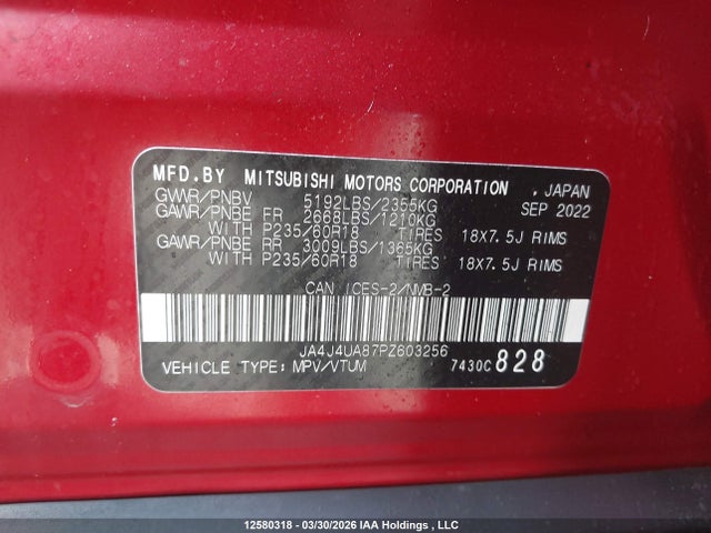 Aukcja sprzedaży 2023 Mitsubishi Outlander Le/le Premium/noir/se/sel, vin: JA4J4UA87PZ603256, numer aukcji: 12580318
