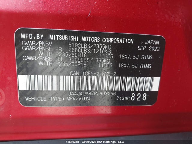 Aukcja sprzedaży 2023 Mitsubishi Outlander Le/le Premium/noir/se/sel, vin: JA4J4UA87PZ603256, numer aukcji: 12580318