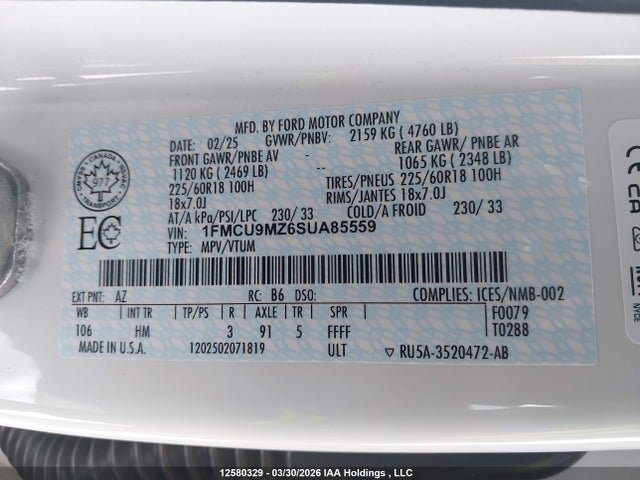 2025 Ford Escape St Line მანქანა იყიდება აუქციონზე, vin: 1FMCU9MZ6SUA85559, აუქციონის ნომერი: 12580329