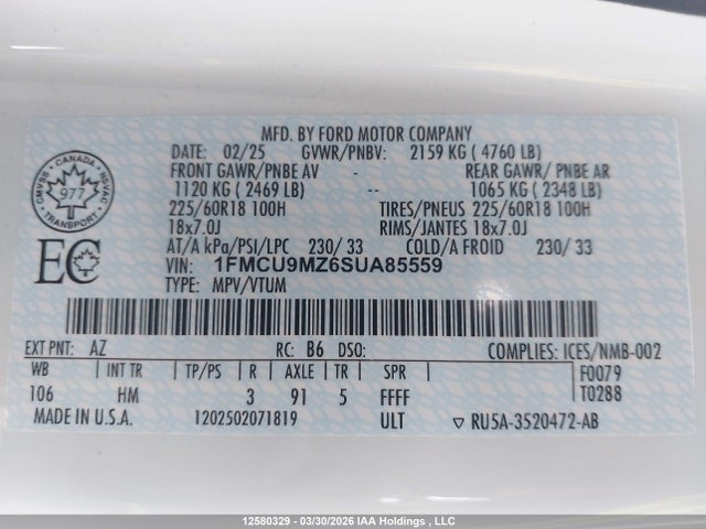 2025 Ford Escape St Line მანქანა იყიდება აუქციონზე, vin: 1FMCU9MZ6SUA85559, აუქციონის ნომერი: 12580329