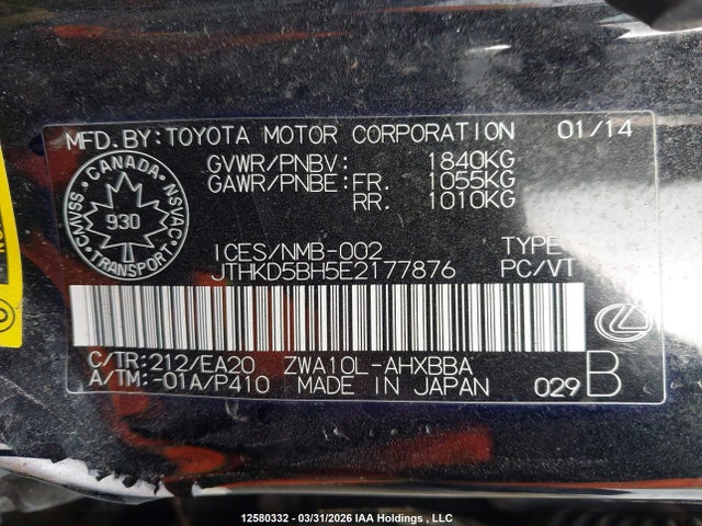 Продажа на аукционе авто 2014 Lexus Ct 200h, vin: JTHKD5BH5E2177876, номер лота: 12580332