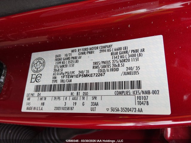 Aukcja sprzedaży 2021 Ford F150 Supercrew, vin: 1FTEW1EP5MKE72267, numer aukcji: 12580345