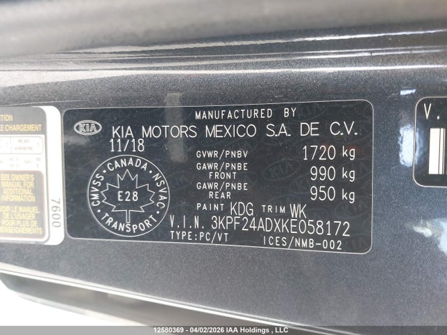3KPF24ADXKE058172 KIA FORTE LX