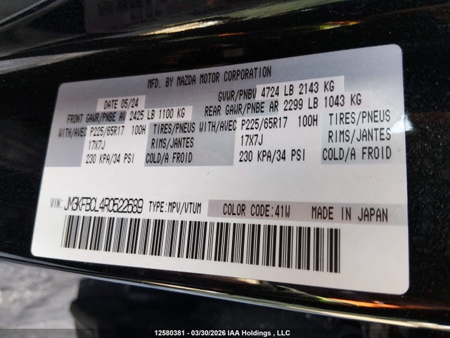 Aukcja sprzedaży 2024 Mazda Cx-5, vin: JM3KFBCL4R0522689, numer aukcji: 12580381