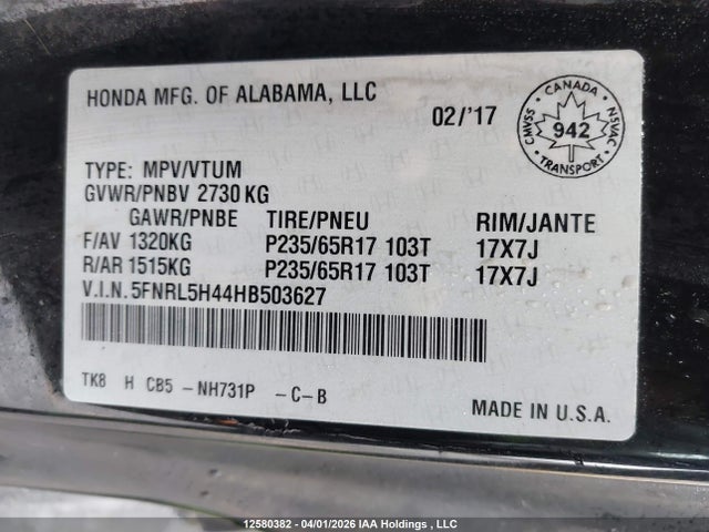 5FNRL5H44HB503627 Honda ODYSSEY EX