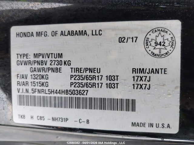 5FNRL5H44HB503627 Honda ODYSSEY EX
